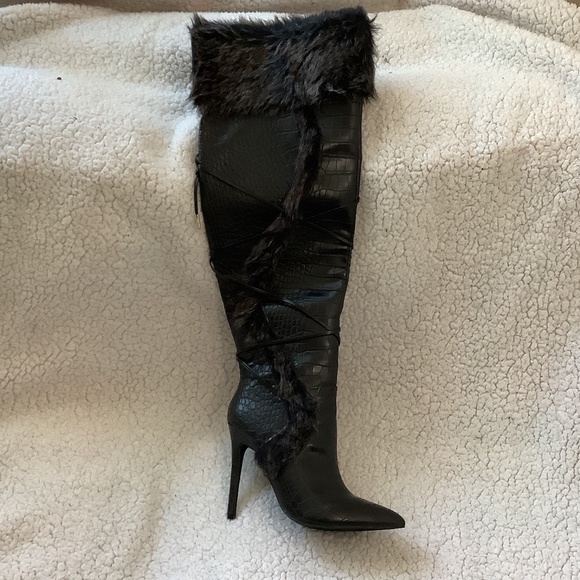 Shoedazzle Sheryl Faux Fur Stiletto Knee-High Heeled Boot - Picture 7 of 13